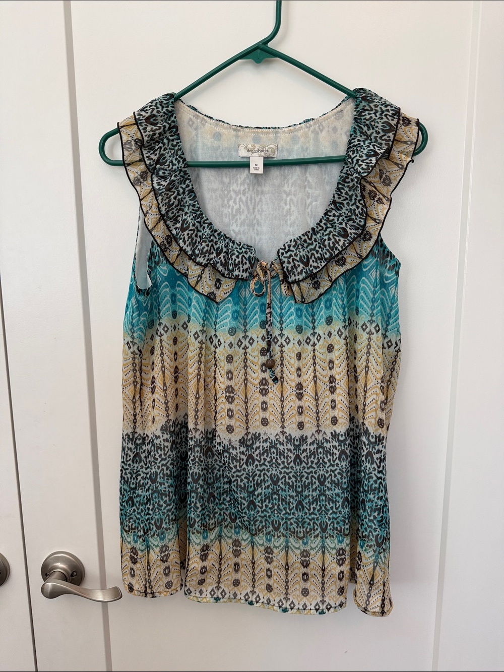 Dressbarn Teal, Cream & Gray Printed Ruffle Neck Sleeveless Blouse
